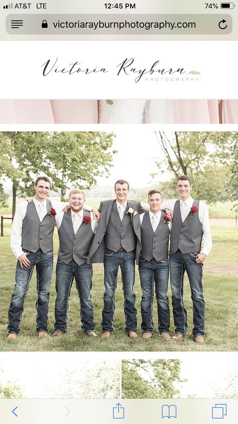 Dark jeans, white shirts, grey vests Groomsmen Attire Grey Vest, Gray Vest With Jeans Wedding, Grey Vest And Jeans Groomsmen, Jeans And Vest Wedding Groomsmen, Groomsmen Jeans And Vest, Grey Vest Groomsmen, Jeans Groomsmen, Wedding Party Jeans, Groomsmen In Jeans