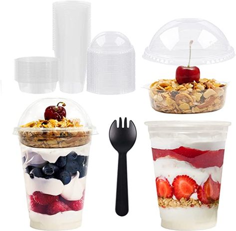 Amazon.com: Innovative Offer Parfait Cups - 12 Oz - 50 Set - Parfait Cups With Lids & Inserts - Reusable Dessert Cups - Spill and Leak Proof - Crystal Clear Plastic Cups With Lids - Dome Dessert Cups With Lids : Health & Household Party Platters Ideas, Meal Prep Essentials, Dessert Cups With Lids, Plastic Cups With Lids, Fruit Granola, Clear Plastic Cups, Parfait Cups, Sweet Cups, Clear Cups