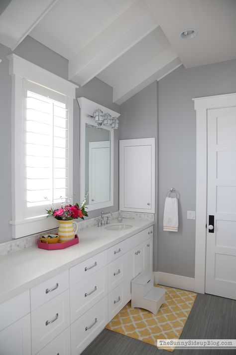 Wall paint color is Seattle by Frazee. The Sunny Side Up Blog Grey Bathroom Paint, Girl Bathroom Decor, Best Gray Paint, Interior Paint Colors Schemes, Revere Pewter, Gray Walls, Bathroom Paint Colors, Decor Baie, Grey Paint