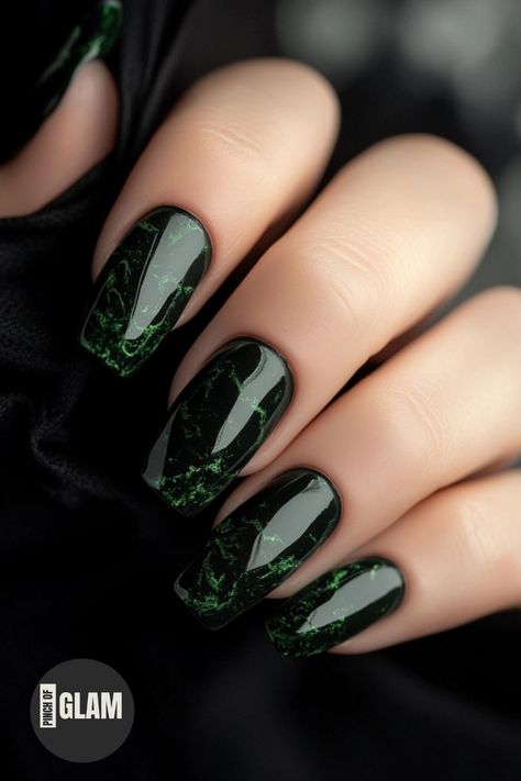 Looking for some nail inspiration? Try out these chic dark green nails designs that will take your nail game to the next level! Whether you prefer a solid dark green color or fun nail art ideas, we've got you covered. From glitter accents to floral patterns, there are endless ways to rock dark green nails and show off your unique style. Get ready to make a statement with these stunning dark green nails that will turn heads wherever you go! Mossy Green Nails, Dark Green And Black Nails, Black And Green Nails Designs, Dark Green Nails Ideas, Dark Green Nails Designs, Trendy Green Nails, Green Nails Designs, Green Christmas Nails, Black Ombre Nails