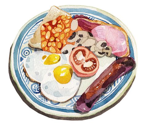 English Breakfast By holly exley http://www.pinterest.com/CraftCandy/illustrations/ Holly Exley, Happy Breakfast, Watercolor Food Illustration, Brag Tags, Full English Breakfast, Food Sketch, Watercolor Food, Food Painting, Illustration Food