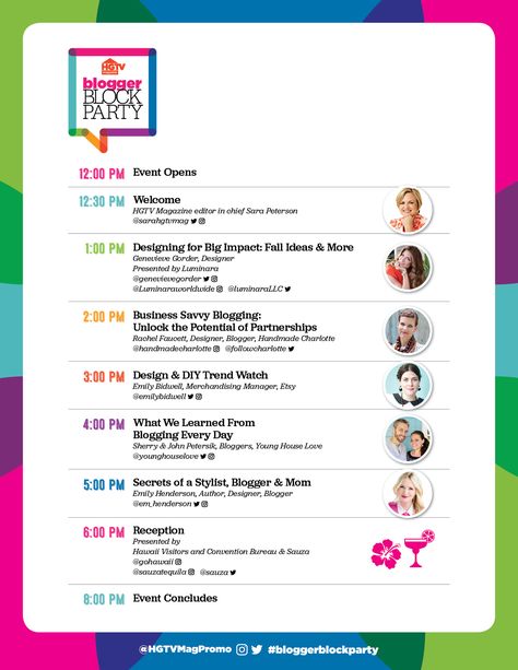 HGTV Magazine's Blogger Block Party 2016 agenda - free event on August 22, 2016 for bloggers, influencers, and style-savvy consumers! Event Agenda, Agenda Design, Genevieve Gorder, Hgtv Magazine, Handmade Charlotte, Business Savvy, Emily Henderson, Diy Trends, Free Event