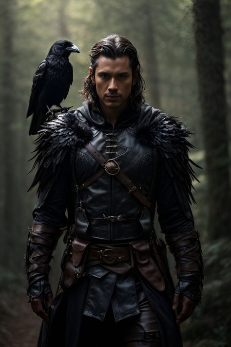 crow humanoid, male, ranger, holding longbow, wearing dark leather, fantasy style, standing in a forest, perfect proportion, dungeons and dragons style, 8K picture quality, shimmer, delicate picture, full body shot, character sheet, 3d, cgi Ranger Outfits Male, Crow Humanoid, Ranger Dnd Male, Dark Fantasy Male, Ranger Rpg, Fantasy Male Art, Dark Ranger, Fantasy Ranger, Dnd Ranger