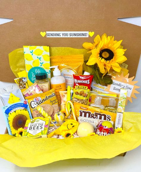 Sunflower Box Gifts, Basket Of Sunshine Ideas, Yellow Things Gifts, Thinking Of You Gifts For Friends, Thinking Of You Gifts Care Packages, Birthday Snack Box Gift, Gifts To Cheer Someone Up, Thinking Of You Gifts, Yellow Gift Basket Ideas