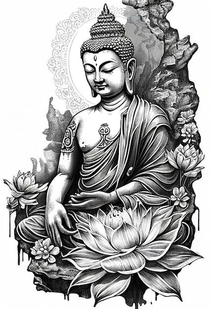 Black And White Buddha, Buddha On Lotus, Buda Tattoo, Zen Tattoo, White Buddha, Buddha Drawing, Vector Tattoo, Purple Tattoos, Buddha Tattoo Design