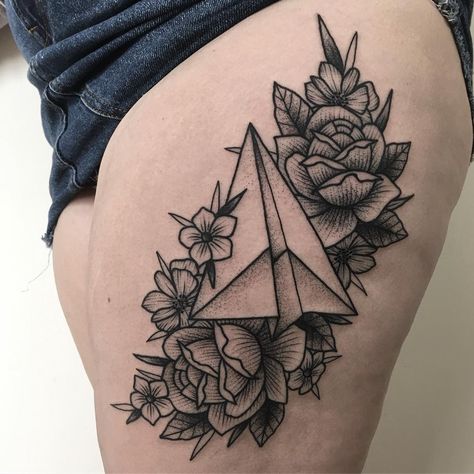 Paper Airplane Tattoo, Paper Airplane Tattoos, Paper Plane Tattoo, Airplane Tattoo, Plane Tattoo, Tattoo Coverup, Airplane Tattoos, Patchwork Sleeve, Paper Airplane