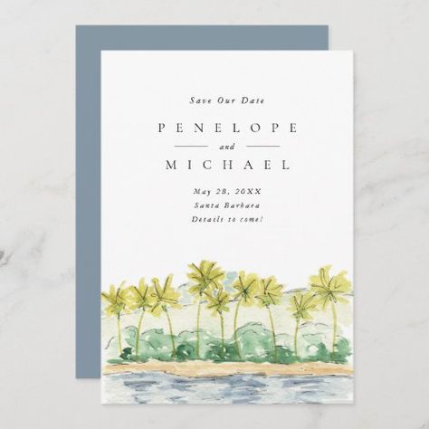 Beach Palm Trees Tropical Watercolor Wedding Save The Date #zazzle #weddinginvitations #birthdayinvitations #babyshowerinvitations #zazzleinvitations #monogram #businesscards #graduation #homedecor Playful Wedding Invitations, Indian Beach Wedding, Mauritius Wedding, Chic Typography, Beach Invitations, Beach Palm Trees, Boho Tropical, Tropical Watercolor, Thailand Wedding