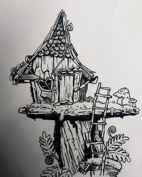 Fairy House Tattoo, Cabin Tattoo, Fairy House Drawing, Cottage Drawing, Tattoo Fairy, House Rendering, Mushroom Village, Fairy Drawing, Village Drawing