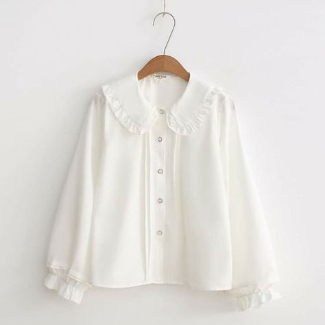 Long Sleeve Cotton Tops, Kawaii Shirts, Doll Collar, Women White Blouse, White Long Sleeve Blouse, Plain Shirts, Harajuku Fashion, Collar Shirt, Pan Collar