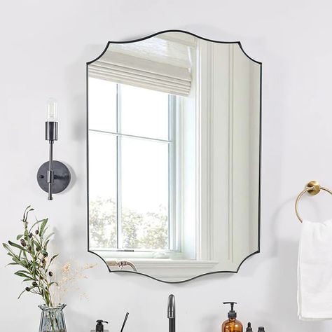 Scalloped Bathroom/Vanity Mirror Rectangle Metal Framed Wall Mirror Black – Moon Mirror Dining Room Mirrors, Unique Bathroom Mirrors, Traditional Bathroom Mirrors, Black Bathroom Mirror, Room Mirrors, Leaf Mirror, Scalloped Mirror, Modern Bathroom Mirrors, Moon Mirror