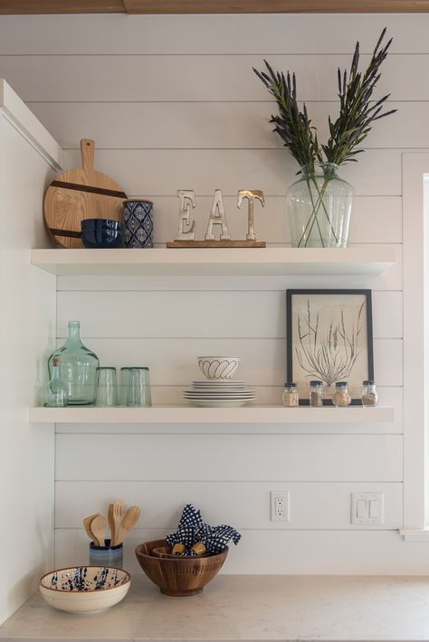 Transitional Coastal Kitchen Shelves Coastal Kitchen Shelf Decor, Coastal Kitchen Floating Shelves, Coastal Kitchen Open Shelves, Coastal Kitchen Accessories, Coastal Above Cabinet Decor, Coastal Shelves, Lake Cottage Kitchen, Pantry Wall Ideas, Wall Pantry Ideas