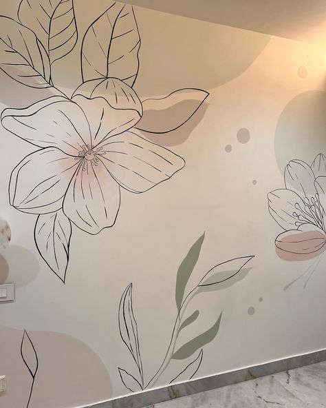 Mural for a kid’s bedroom in pastels🌸🍃 #kidsbedroom #wallmural #pastels #floral #minimalmural #wallpainting #kidsroompainting Instagram Mural, Stair Wall Decor, Gingko Biloba, Bridal Jewelry Sets Brides, Stair Wall, Diy Wall Painting, Pink Room Decor, Murals For Kids, Hand Painted Wallpaper