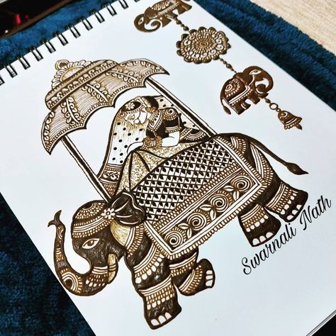 Groom On Elephant Mehndi, Dulhan Doli Mehndi Designs, Theme Mehndi Designs, Elephant Mehndi Design Step By Step, Figur Mehndi, Mehndi Drawing On Paper, Dholak Mehndi Design, Groom Face Mehndi Designs, Hathi Design In Mehndi