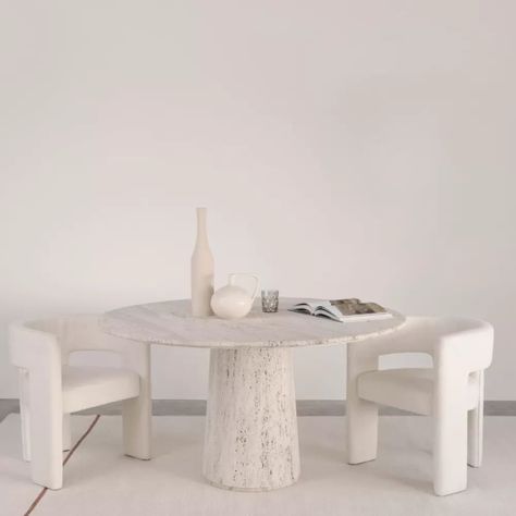 This unique Legna round travertine dining table is the perfect centerpiece for any dining area 🤍  What do you think of this table? Let us know in the comments! ⬇️ #furnified #diningtable #eettafelinspiratie #eettafeltravertin White Round Dining Table, White Round Tables, Durable Carpet, Dining Table Marble, Furniture Items, Furniture Pieces, Table Legs, Elegant Table, House Inspo