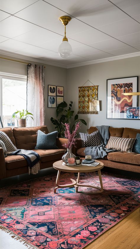 Eclectic Living Room Brown Couch, Living Room Ideas Eclectic, Room Ideas Eclectic, Decorating Ideas For Walls, Room Ideas Color Schemes, Room Ideas Color, Teal Couch Living Room, Colorful Modern Living Room, Brown Couch Living Room Ideas