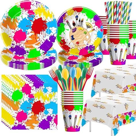 Amazon.com: APOWBLS Art Party Decorations Tableware - Paint Party Supplies, Paper Plate, Cup, Napkin, Tablecloth, Cutlery, Art Painting Graffiti Theme Birthday Baby Shower Party Decorations Dinnerware | Serve 24 : Toys & Games Graffiti Theme, Art Party Decorations, Party Cutlery, Painting Birthday Party, Cutlery Art, Painting Graffiti, Art Party, Disposable Tableware, Party Tableware