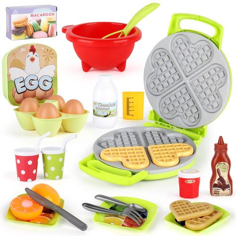 PRICES MAY VARY. 【WHAT’S IN THE BOX】Our Waffle Toy Set Includes 4 Waffles , 4 eggs, 1 egg box ,1 Macaroon , 1 Blender, 1 Waffle Baking, 1 Measuring cup, 1 Spoon, 1 Fork, 1 Knife, 3 Plates ，2 Oranges ,1 Tomato juice ,1 Sauce can , 1 Milk , 2 Cups and 1 Bowls ,27 pieces altogether. 【PLAY AND LEARN】These cookers make kids have a realistic kitchen pretend play.Bright colors and realistic graphics which resembles real food ,let your kids learn how to cook from our play food set and love to cook . our Cooking Toys, Toy Kitchen Set, Play Food Set, Pretend Play Food, Pretend Play Kitchen, Pretend Food, Play Kitchen Sets, Food Toys, Toy Food