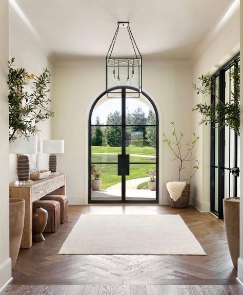 First impressions are everything, right? I am torn. I have an undeniable affection for glass… Mediterranean Interior Design, Mediterranean Interior, Bg Design, Neutral Interiors, Home Entrance Decor, Mediterranean Home, Glass Front Door, Entry Way, House Entrance