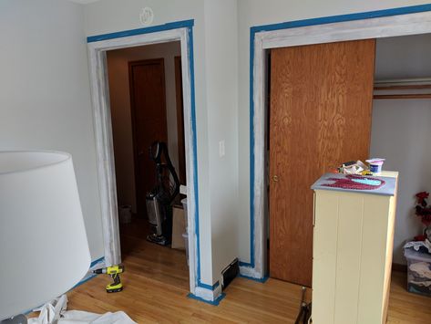 Updating Oak Trim And Doors, Honey Oak Doors With White Trim, Paint Wood Trim White Before And After, Honey Oak Trim, Painting Wood Trim, Oak Wood Trim, White Baseboards, Painting Trim White, Painting Old