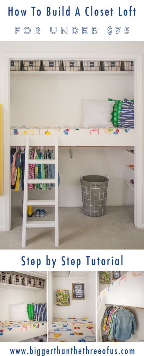 This Step-by-Step tutorial will show you how to build a Closet Loft for Under $75! It's a great place for climbing, reading & just to hangout! #loft #howto Closet Into Reading Nook, Closet Fort, Play Loft, Closet Nook, Reading Loft, Closet Transformation, Closet Diy, Closet Bed, Loft Beds