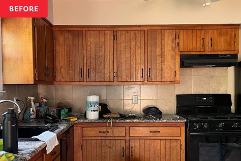 This home was built in the 1970s, and the kitchen was overwhelmingly brown. Credit: <a href="https://www.instagram.com/reel/CyAkz7Bu26a/?igsh=bTR5MzBoMXBpdjdp">Cherisse Blizard</a> 1970s Oak Kitchen Cabinets, Updating 70s Kitchen Cabinets, Ginger Cabinets Kitchen, 1970s Kitchen Backsplash, Vintage Wood Cabinets Kitchen, 70s Style Kitchen Remodel, Old Brown Kitchen Cabinets, Update 1970s Kitchen Cabinets, Updating Brown Kitchen