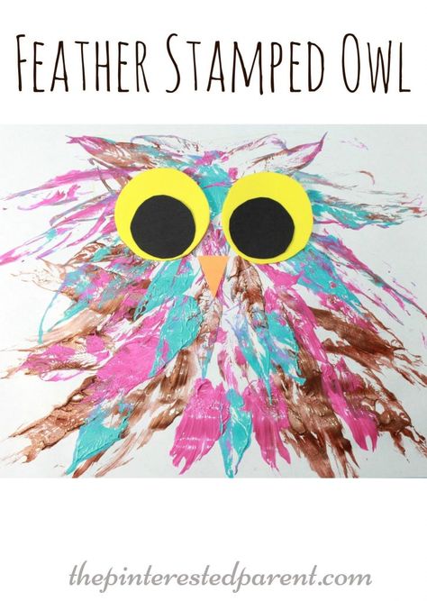 feather stamped painted owl process arts & craft for the kids with a feather Process Art Preschool, Owl Activities, Owl Craft, Painted Owl, Owl Crafts, Bird Crafts, Feather Crafts, Feather Painting, Feather Art