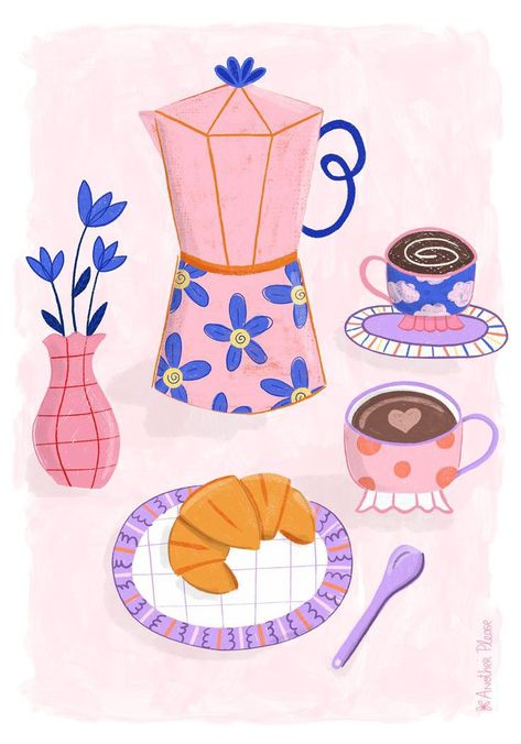 High Quality Images For Printing, Coffee Time Illustration, Wall Posters Pink, Draw Coffee Cup, Cafe Illustration Art, Illustration Art Coffee, Coffee Art Illustration, Coffee Illustration Art, Coffee Cup Illustration