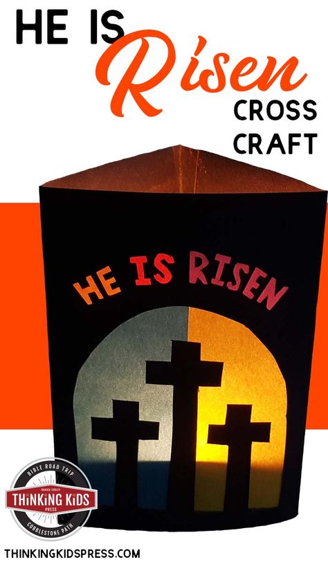 He Is Risen! Your kids will love this stained glass cross craft. The cross lamp is a fun way to celebrate the fact Christ is risen. He Is Risen Sunday School Craft, He Is Risen Kids Craft, Jesus Has Risen Craft, Crucifixion Of Jesus Craft, He Is Risen Craft For Kids, Jesus Is Risen Craft, K5 Crafts, He Is Risen Craft, Biblical Homeschooling