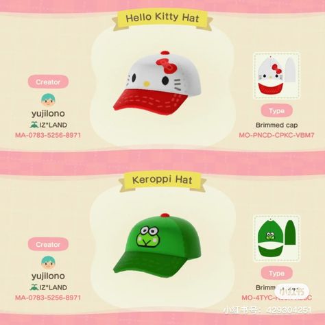 Animal Crossing Design Codes Clothes Hat, Hat Animal Crossing, Hair Animal Crossing, Biff Animal Crossing, Hats Animal Crossing, Acnh Hats, Animal Crossing Design Codes Face, Animal Crossing Hello Kitty, Animal Crossing Shirt Designs Pattern