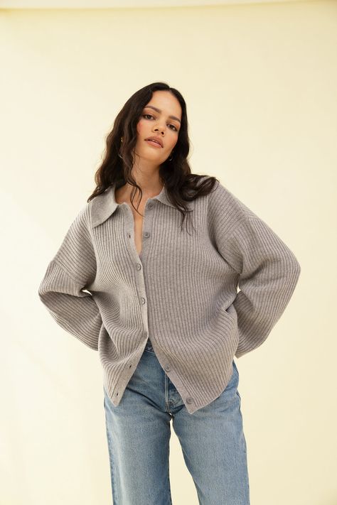 The Clio is the ultimate relaxed knit, she has a dropped shoulder and oversized fit with button front and collar. She's made from 100% RWS certified Merino Wool. Model wears size S, she is 5'9. Casual Cool Outfits Aesthetic, Diy Knit Cardigan, Cozy Fall Work Outfits, Fitted Wool Sweater, Fall Inspo Outfits 2024, Soft Summer Winter Outfits, Button Up Sweater Outfit, H&m Outfits, Soft Classic Outfits