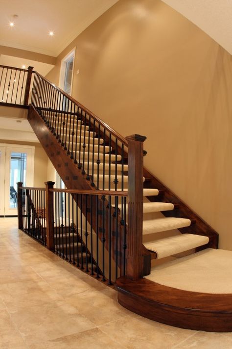 pegs in stringer and rounded bottom stair Iron Banister, Stairway Remodel, Open Basement Stairs, Banister Remodel, Iron Stairs, Open Stairs, Traditional Staircase, Wrought Iron Stairs, Staircase Remodel