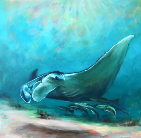 Manta Ray Painting, Ocean Sketch, Ray Painting, Manta Ray Art, Ocean Mural, Marine Life Art, Marine Creatures, Underwater Painting, Amazing Artwork