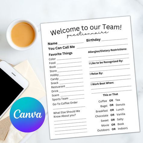 "Are you looking for an innovative way to boost employee engagement and appreciation, or get to know your new coworker? Introducing the \"Get to Know Me\" survey, perfect for any office space! This fun survey gives employees the opportunity to learn more about their colleagues in a vibrant, exciting way. It features detailed questions about individual interests and hobbies, such as favorite foods and activities, as well as icebreakers meant to get people chatting and laughing. What's included: - PDF for access to Template on Canva.com INSTRUCTIONS - Purchase this Instant Download listing. Files are ready for download once payment is completed, this can take up to a few minutes. - Visit https://www.etsy.com/your/purchases to download your purchase. PRINTING Colors may vary depending on qual Employee Questionnaire, Welcome To Our Team, Icebreakers, How To Order Coffee, New Employee, Staff Appreciation, Employee Appreciation, Ice Breakers, Employee Engagement