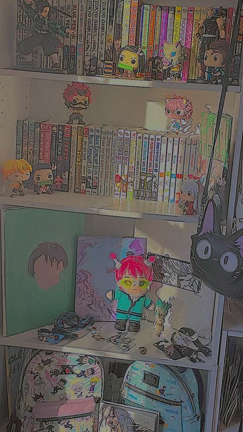 Anime Aesthetic Bedroom, Anime Room Background, Kawaii Anime Room, Pastel Bed, Weeb Room, Living Room 2024, Room Anime, Manga Shelf, Anime Bedroom Ideas