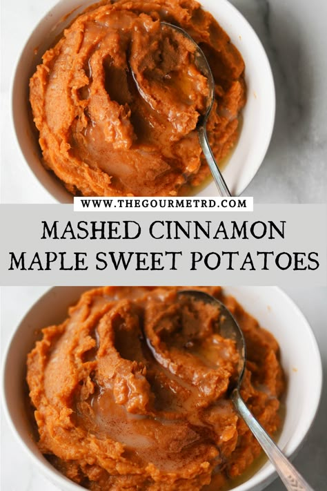 Two white bowls filled with mashed sweet potatoes. Roasted Mashed Sweet Potatoes, Sweet Potatoes Mashed Recipe, What To Make With Sweet Potatoes Dinners, Sweet Potatoes With Maple Syrup, Mashed Sweet Potato Recipes, Sweet Potato Nutrition Facts, Easy Mashed Sweet Potatoes, Sweet Potato Nutrition, Potato Nutrition Facts