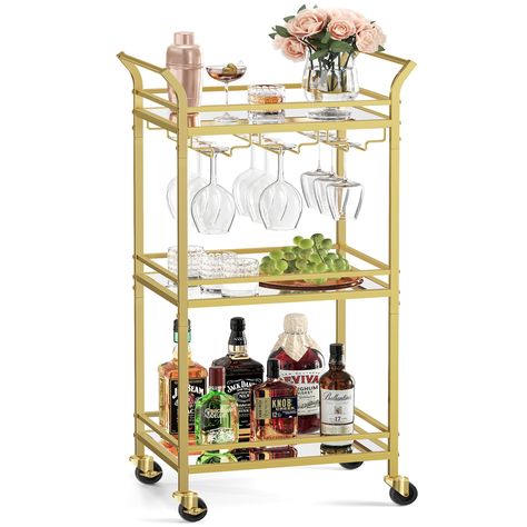 PRICES MAY VARY. [Charming Mirrored Glass Shelves] The mirrored glass shelves on this gold bar cart add a touch of sophistication, beautifully reflecting your wine glasses and bottles, bringing casual elegance to your space [Perfect for Small Spaces] This compact glass bar cart, sized at 11.8”D x 18.4”W x 36.2”H, is just perfect for narrow spaces, allowing you to make the most out of your kitchen, bathroom, study, or apartment, and keeping everything well-organized [Removable Wine Glass Racks] T Mini Bar Cart, Small Bar Cart, Bar Serving Cart, Metal Bar Cart, Gold Bar Cart, Glass Bar Cart, Small Bar, Serving Cart, Home Bar Furniture