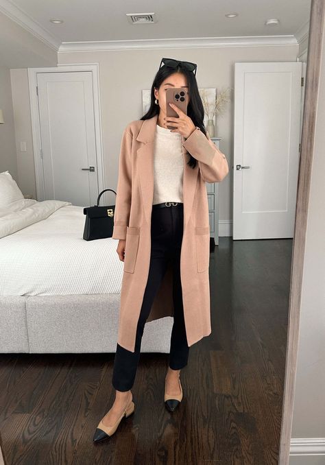 black and camel business casual fall outfit // petite friendly cashmere crewneck sweater + sweater jacket Petite Outfits Casual, Petite Fall Outfits, Jacket Fall Outfit, Heavy Clothing, Petite Casual, Amazon Prime Day Deals, Extra Petite, Cardigan For Women, Cardigan Sweater Coat