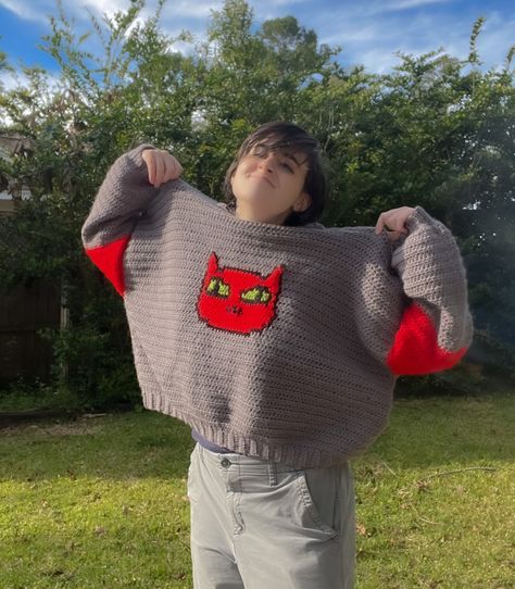 Marceline the Vampire Queen! Release your inner spooky half demon, but is still soft and cozy!  This sweater is handmade by me with 100% acrylic yarn and is a one size fits most. Disclaimer: this is not official Adventure Time merchandise and is purely inspired by Adventure Time Pattern Cred: @AutumnOliveCrochet Marceline Adventure Time Costume, Marceline Sweater Crochet Pattern, Crochet Marceline Sweater, Adventure Time Inspired Outfits, Marceline Cat Sweater, Marceline Sweater, Adventure Time Sweater, Adventure Time Pattern, Crochet Vampire