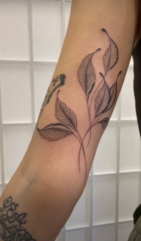 Plant Leaf Tattoo Sleeve, Tea Leaf Tattoo, Ash Leaf Tattoo, Rowan Leaf Tattoo, Leaf Patchwork Tattoo, Tea Leaves Tattoo, Hatch Lines, Leaf Tattoo, Black Tea Leaves