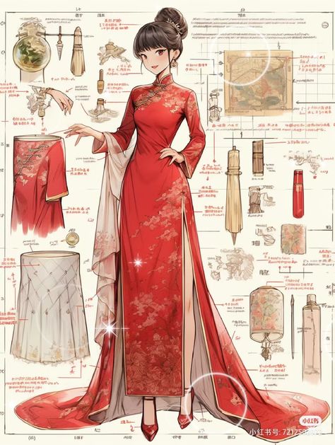 Chinese Traditional Dress Drawing, Cheongsam Drawing, Chinese Dress Drawing, Red Chinese Dress, Chinese New Year Outfit, Wedding Cheongsam, Chinese Fancy Dress, Fashion Show Poster, Best Friend T Shirts