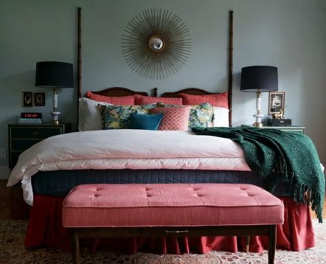 Coral and Green Master Bedroom Strikes Again Coral And Green Bedroom, Green And Red Bedroom, Red And Green Bedroom, Coral And Green, Simple Bedroom Design, Luxury Duvet Covers, Sanctuary Bedroom, Green Bedroom, Eclectic Bedroom