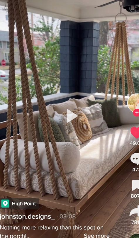 Diy Porch Swing Bed, Front Porch Furniture, Diy Porch Swing, Porch Swing Bed, Swing Bed, Porch Chairs, Hanging Bed, Lindy Hop, Porch Furniture