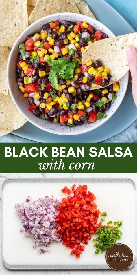 This Black Bean and Corn Salsa is a deliciously healthy dip you’ll want at all your parties. Black beans, corn, and red pepper tossed in a garlicky lime vinaigrette you can make in minutes. Black Salsa, Bean Corn Salsa, Bean Salsa Recipe, Black Bean And Corn Salsa, Corn Bean Salsa, Black Bean Corn Salsa, Fresh Salsa Recipe, Black Bean And Corn, Black Beans Corn