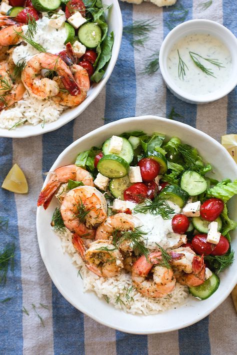 Grilled Greek Shrimp Bowls — My Diary of Us Greek Salad With Shrimp, Shrimp Tzatziki Bowl, Greek Shrimp Bowl, Shrimp Tzatziki, Greek Shrimp Recipes, Mediterranean Shrimp Bowl, Shrimp Bowl Healthy, Shrimp Bowls Healthy, Shrimp Buddha Bowl