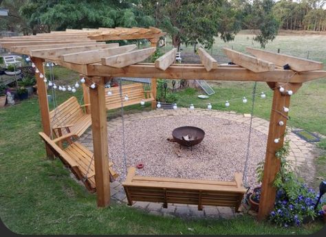 Fire Pit Pergola, Chic Patio, Shabby Chic Patio, Outdoor Fire Pit Area, Fire Pit Swings, Gardening Guide, Outdoor Fire Pit Designs, Fire Pit Landscaping, Backyard Swings