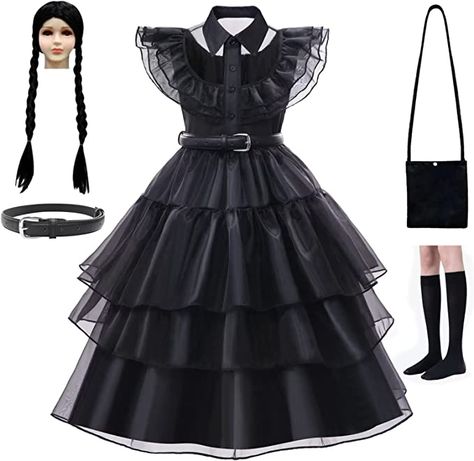 Wednesday Costume, Wednesday Addams Dress, Girls Halloween Dress, Addams Dress, Wednesday Addams Costume, Wednesday Dress, Black Ball Gown, 파티 드레스, Petal Sleeve