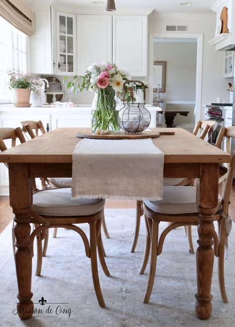 Spring Kitchen Decorating: A Simple & Easy Spring Refresh French Country Dining Room Lighting, French Country Rug, French Country Dining Room, Country Dining Rooms, French Country Dining, Country Dining, French Cafe, Cafe Chairs, French Country House