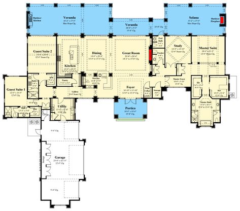 This one-story contemporary house plan gives you 4,460 square feet of heated living with 3 bedrooms and 4-car garage and has views from every room. Its stepped flat roofs and soaring gables give it great curb appeal. Stuccoed walls with stone columns and accents give it a sense of warmth and richness. It is easily at home on the beach, a lake or on a mountaintop setting. Upon entering the expansive ceiling in the foyer (14' to 16'), one is immediately greeted by the view beyond via the great roo Visbeen Architects House Plans, Florida Home Plans One Story, Sprawling Ranch Floor Plan, One Story Mansion, Luxury One Story Homes, 5000 Sq Ft House Plans, Barndo Plans, U Shaped House Plans, Home On The Beach