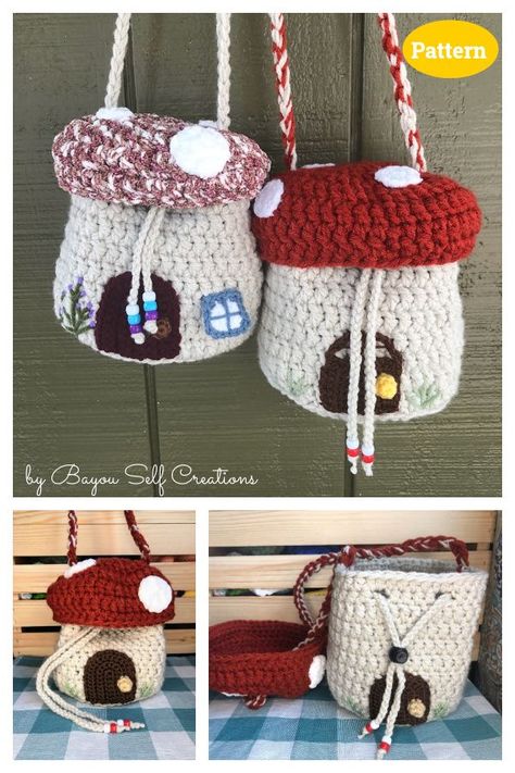 Crochet Mushroom Bag Tutorial, Mushroom Crochet Bag Pattern Free, Crochet Mushroom Backpack Pattern Free, Mushroom Dice Bag Crochet Pattern, Crochet Mushroom Top, Crochet Mushroom Purse, Crochet Mushroom Bag, Mushroom Purse, Crochet Mushrooms