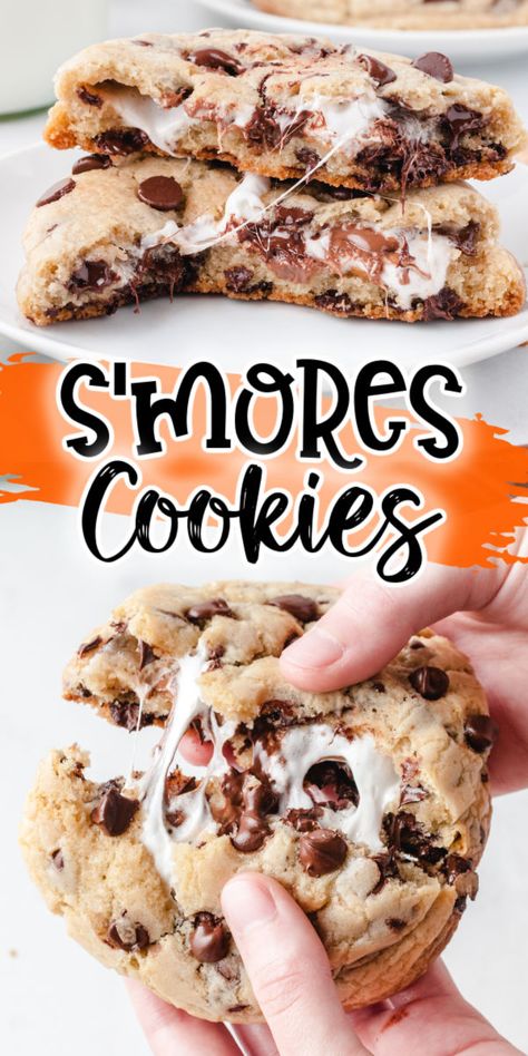 Smore Bars, Smore Cookies, Recipe Desert, Fall Cookie Recipes, Campfire Desserts, S Mores Cookies, Stuffed Cookies, Marshmallow Cookies, Homemade Chocolate Chips